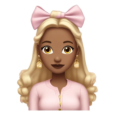 Girl with light skin straight hair wearing bow in her hair with coquette light pink colors and gold earrings wearing cute tight fit cardigan sticker