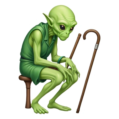 Green Alien looks like an old man hunched over using a cane sticker