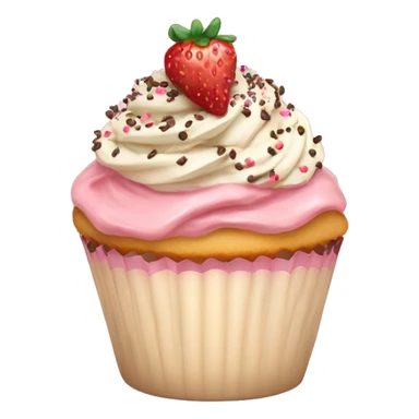 A vanilla cupcake topped with strawberries and chocolate sprinkles, adorned with a cute pastel pink ribbon. sticker