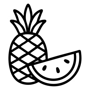 thick line outline icon of a pineapple next to a slice of watermelon, no fill, simple and clear style sticker