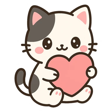 cute small black and white cat in anime style hugging a red heart sticker