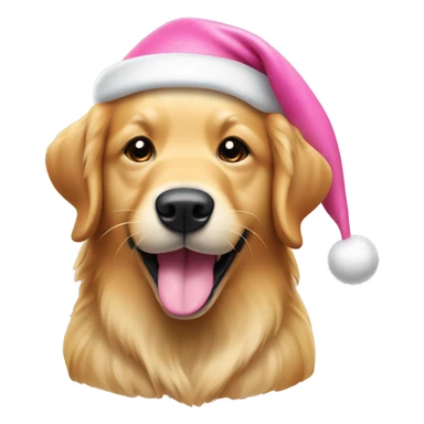 A golden retriever dog with its tongue out, smiling, and wearing a pink Christmas hat. sticker