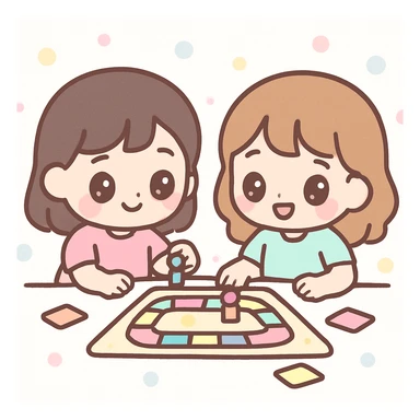 asian girl and friend playing a boardgame, kawaii style, cute and playful sticker