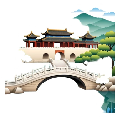 Summer Palace in Beijing with lake and bridge, Chinese garden architecture, emoji style sticker