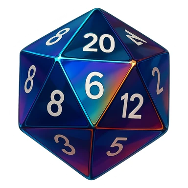 D20 dice, modern, sleek design, vibrant colors, glossy finish sticker
