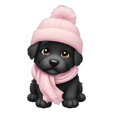 fluffy chubby black puppy with pale pink winter hat pale pink scarf sticker