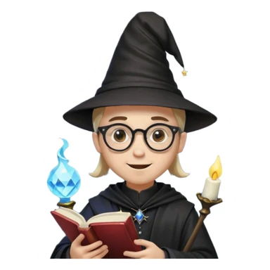 ["A happy boy with light skin, ponytail, wearing a wizard hat and square glasses, dressed in goth fashion, is reading a book while holding a phone."] sticker