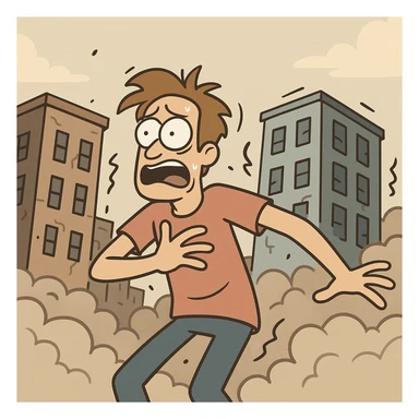 an earthquake, cartoon style, buildings shaking, dust clouds sticker