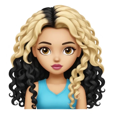 split dye leftside blonde rightside black long curly hair, pretty bratz baddie sticker