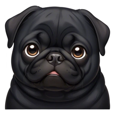 Cinematic Noble Black Pug Portrait Emoji, Poised and regal, with a compact, sturdy build and a sleek, shiny pure black coat, deep-set soulful dark eyes, Simplified yet sharp and sophisticated features, highly detailed, glowing with a soft, dignified glow, high shine, intelligent and spirited, stylized with an air of confidence, focused and attentive, soft glowing outline, capturing the essence of a watchful and commanding companion, so majestic it feels as though it could prance out of the screen with effortless authority! sticker