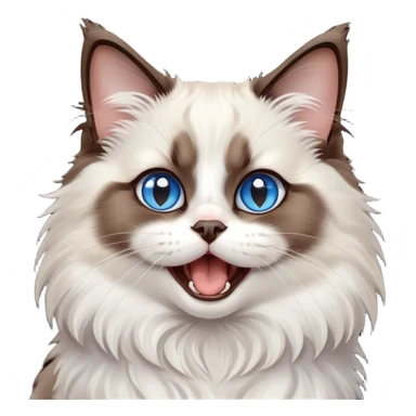 cinematic-adorable-big-eyed-fluffy-dark brown and white ragdoll-cat-portrait-emoji,-head-tilted-playfully-with-a-cute,-yawn,-soft-brown-and white-colored-fur-with-darker-points-on-the-ears,-simplified-yet-irresistibly-cute-features, sparkling blue eyes sticker