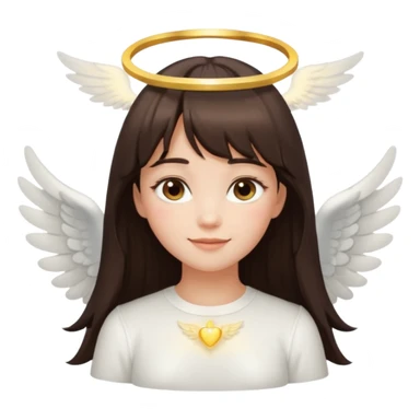 long dark brown haired girl with bangs and lashes as an angel, glowing halo, small white wings, soft smile, inspired by iOS 18 girl emoji style sticker