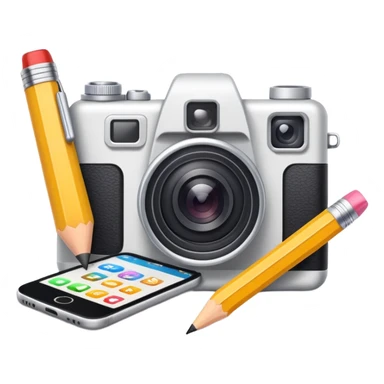 content creation tool for social media with camera, pencil, and smartphone, bright and friendly emoji style icon sticker