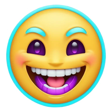 futuristic glowing emoji face laughing wide with glowing teeth, purple and cyan neon light, dark background sticker