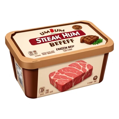 a box of Steak-umm frozen beef, realistic packaging, logo visible sticker