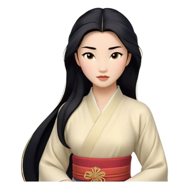 Cinematic Realistic Mulan Portrait, depicted with lifelike skin texture, soft natural lighting, and intricately detailed long black hair styled elegantly. Her deep, expressive eyes exude determination and grace, complemented by a serene yet confident expression. She is dressed in her classic attire, with rich fabric textures and delicate folds that catch the light beautifully. The portrait features a soft, enchanting glow with a natural, radiant finish, capturing the essence of timeless strength and beauty in a realistic and painterly style, evoking a sense of depth and authenticity. sticker