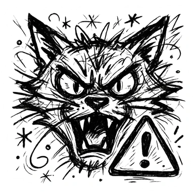close-up wild cat face with red warning sign, bold dynamic style, referencing League of Legends ultimate ability icon sticker