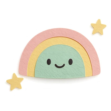 kawaii gentle rainbow arc, tiny star companions, soft pastel colors, no limbs, full body, paper craft style sticker