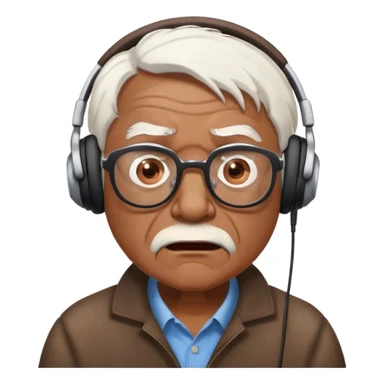 Brown old man with medium white hair, using glasses and headphones looking surprised and angry sticker