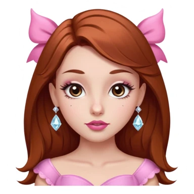 girl with fair skin, long straight reddish brown hair, big brown almond eyes, long eyelashes, thick dark eyebrows, straight nose, full pink lips with cupids bow, diamond face shape, clean girl aesthetic sticker