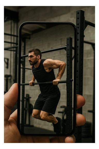 uomo che fa Muscle up e si sta filmando di lato con il telefonino che lo riprende mentre si allena, così da analizzarsi dopo sticker