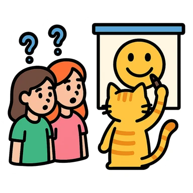 two girls guessing as a kitty draws an emoji, vibrant color icon sticker