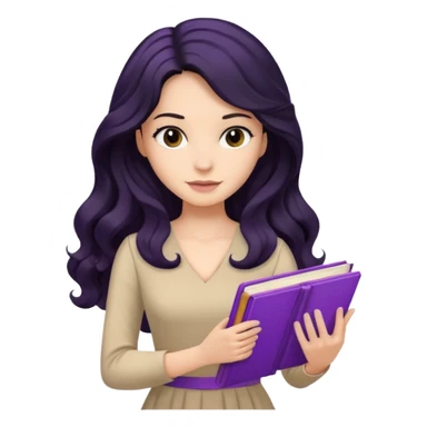 Long Hair Women with purple Book, Black wavy hair, beige dress sticker