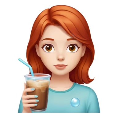 Red haired girl with brown eyes and a bubble glass of ice coffee sticker