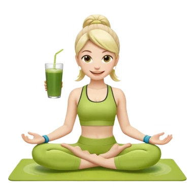 Девушка-мемоджи радостно сидит на коврике для йоги, в спортивной позе, в ярком стильном спортивном комплекте. Лицо сияющее, улыбка очень довольная и счастливая, в руках яркий стакан освежающего матча-лимонада, вокруг атмосфера свежести, отдыха и комфорта. Белый фон. 2 руки и 2 ноги sticker
