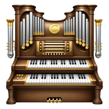 Create an elegant and majestic emoji representing a classical organ. The design should feature the grand pipes of the organ in the background, with visible details of the keys and pedalboard in the foreground. The pipes should be tall and impressive, with a mixture of gold, silver, and metallic shades to emphasize the grandeur of the instrument. The keyboard and pedals should be well-defined, capturing the intricate craftsmanship of the organ. Use dark wood tones and gold accents for the body of the instrument to give it a rich, historic feel. Add subtle musical notes around the organ to evoke its deep, resonant sound. The background should be transparent. sticker