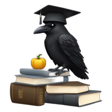 raven in student cap with a stack of gray and brown books sticker