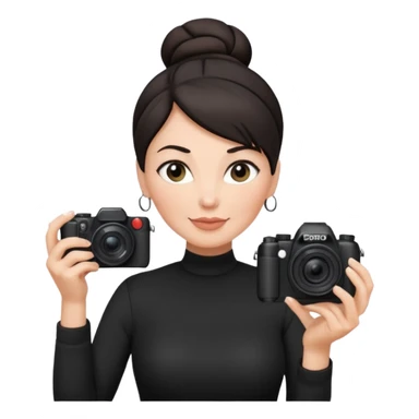 48 year old woman photographer with dark hair in a bun, wearing black clothes sticker