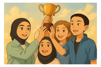 Illustration style Ghibli, depicting four students inspired by the four faces in the references, lifting a trophy together. The scene has a warm atmosphere with a soft and bright background, in the style of a Japanese animation film, featuring expressive traits and harmonious colors. sticker