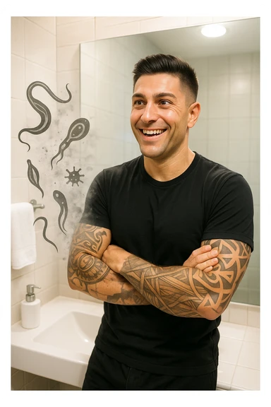 a man stands in a brightly lit bathroom, looking relieved and revitalized as he examines his reflection in the mirror. In the foreground, stylized, shadowy images of parasites (such as worms or protozoa) are shown leaving his body, dissolving into mist or fading away. His posture is upright and his expression is one of newfound energy and health. sticker