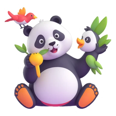 a panda gently nibbling on a bird, playful style sticker