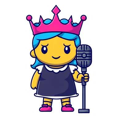 A rock and roll queen with a crown, microphone, and punk rock attitude sticker
