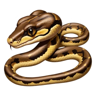 A photo-realistic digital illustration of a Ball Python, large headshot portrait. The snake has a short, rounded snout, smooth contours, and a calm, curious expression. Its head is warm brown with bold, irregular dark markings, including the signature “alien-head” pattern.  sticker