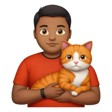 Indian black chubby guy with black middle parted hair in red t-shit with orange cat, age-24 sticker