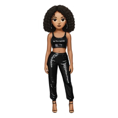Solange with long dark brown hair, black sequin crop top, black sequin pants sticker