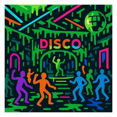 a vibrant toon style dance hall covered in slime, neon lights, and dancing figures sticker