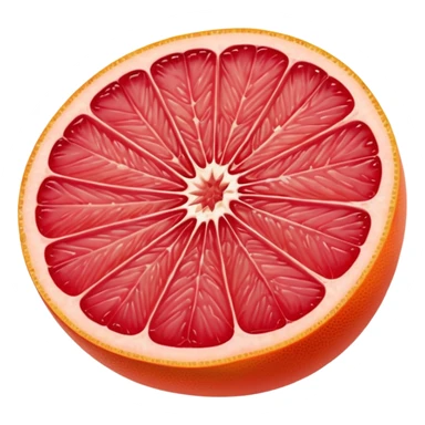 whole pink grapefruit with glossy orange-pink peel, thick wedge slice, juicy red-pink segments, moist translucent interior, clean defined segments, no leaves, no juice, no background, soft lighting, emoji scale sticker