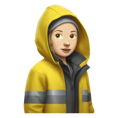 Greta Thunberg with a yellow raincoat ,grey beenie with a sign sticker