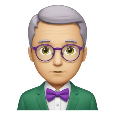 ellow-skinned man with neatly parted brown-gray hair, thick rectangular eyebrows, large round eyes behind thin glasses, a pointed nose, and a green suit with a white collar and purple bow tie. sticker