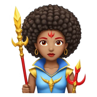 Emoji metisse femboy mais plus masculin avec drapeau ukrainien arriere plan, un afro, sourcils rouge, fourche trident, et eclairs et sur fond bleu clair irrisé. sticker
