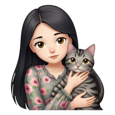 A girl who has shiny silk black straight long hair wearing a flowy floral blouse, she has black eyes too, and is hugging a grayish-brown tabby cat  sticker