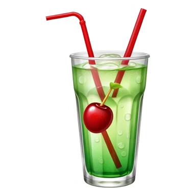 Create an emoji with a clear rounded glass, bright transparent green soda with fine bubbles, a smooth vanilla scoop on top, a glossy red cherry, and a red straw, using vibrant colors, soft shading, and clear glass highlights.
 sticker
