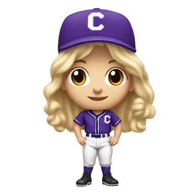 baseball card character. Blonde female long shoulder length hair. letter C logo. white and purple uniform. sticker