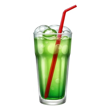 Create an emoji with a clear rounded glass, bright transparent green soda with fine bubbles, a smooth vanilla scoop on top, a glossy red cherry, and a red straw, using vibrant colors, soft shading, and clear glass highlights.
 sticker