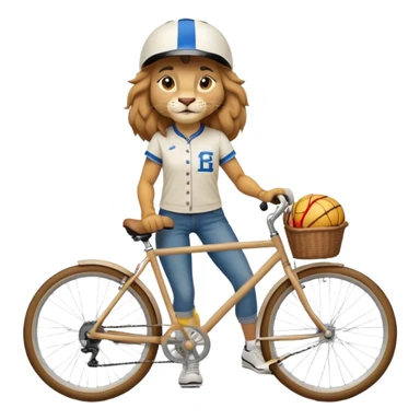 confident anthropomorphised female lion wearing a baseball shirt, jeans, trainers, and a cycling helmet, riding a bicycle sticker