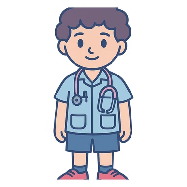 children's game style 2D character, young boy doctor, 8–10 years, soft facial features, big brown eyes, curly brown hair, light blue pediatrician shirt with pockets (pen and tongue depressor), pink and silver stethoscope, blue knee-length shorts, red sneakers, black socks, soft lighting, vibrant, wholesome, friendly sticker